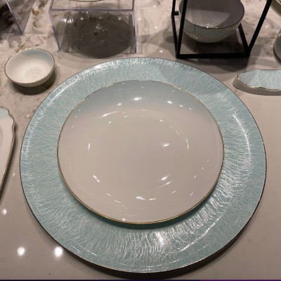 五星级酒店摆台餐具套装高档私人会所碗盘碟浮雕金浅蓝色骨瓷餐具图3