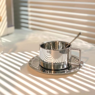 简约ins极简风304不锈钢隔热咖啡杯英式下午茶杯碟勺家用水杯茶杯