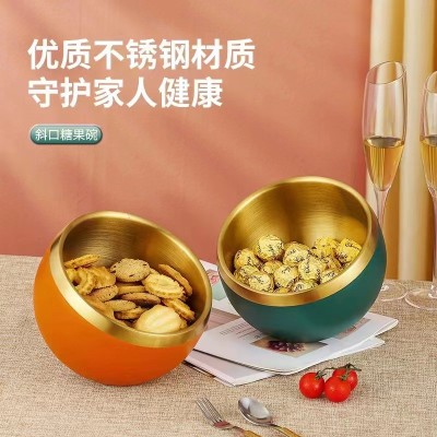 中式双层不锈钢斜口冰桶酒店餐厅饭店创意糖果碗多功能收纳碗