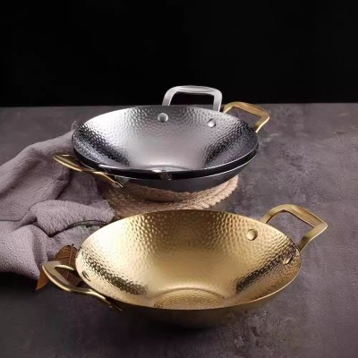加厚不锈钢锅仔干锅通用商用酒精炉专用锅饭店金色双耳小火锅盆