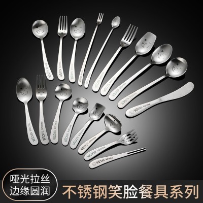 勺子可爱创意笑脸刀叉西餐304不锈钢扁平斜柄韩式筷叉子学生餐具图2
